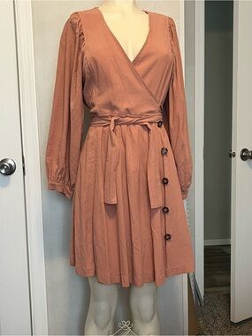 Wrap around button long sleeve dress